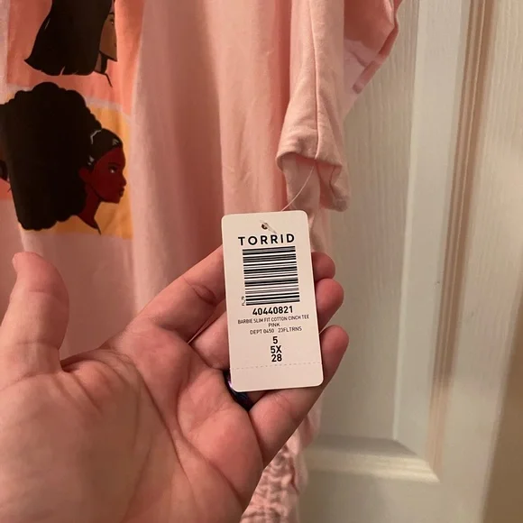 NWT torrid size 5 brunette, bald Barbie Slim Fit Cotton Cinch Tee pink brown - Picture 10 of 12